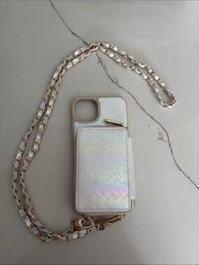 Iridescent White Crossbody Phone Case with Card Pocket and Chain Strap